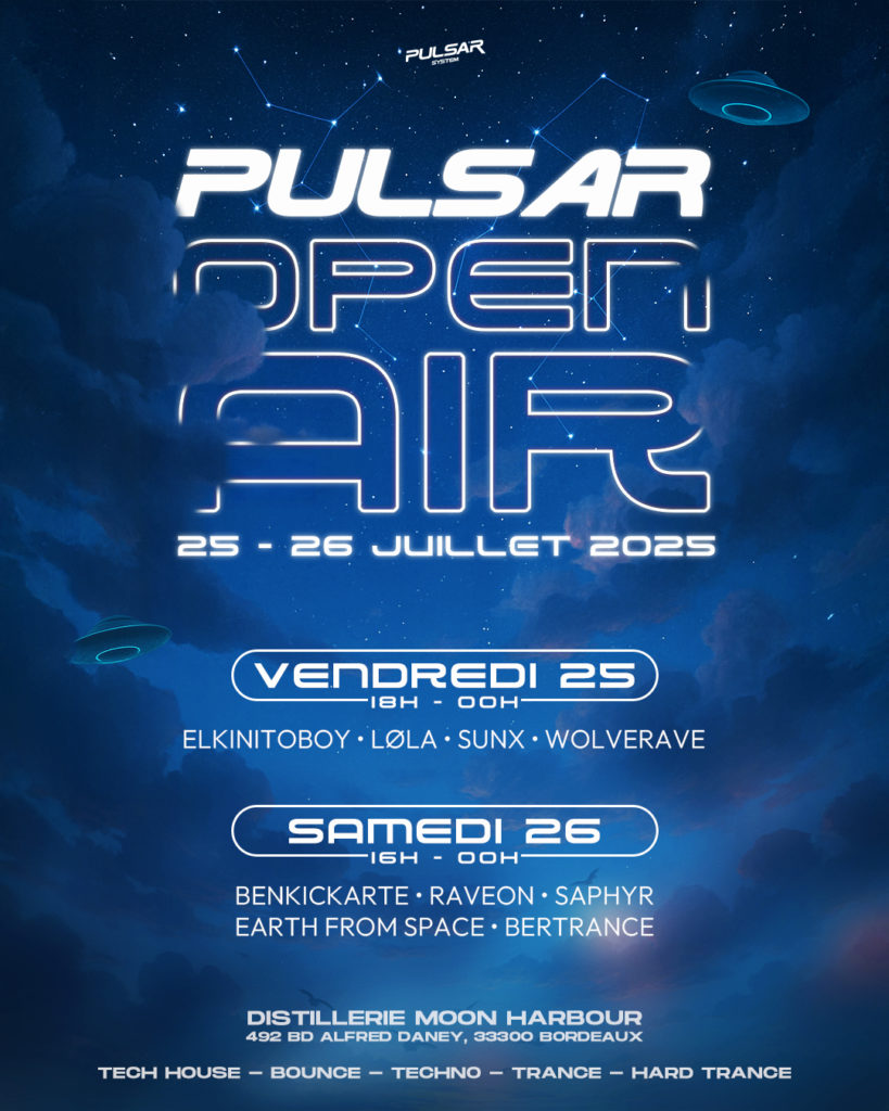 Pulsar System vous invite à un open air estival sur deux jours le week-end des 25 et 26 juillet sur la partie en herbe à l'arrière de la distillerie Moon Harbour✨